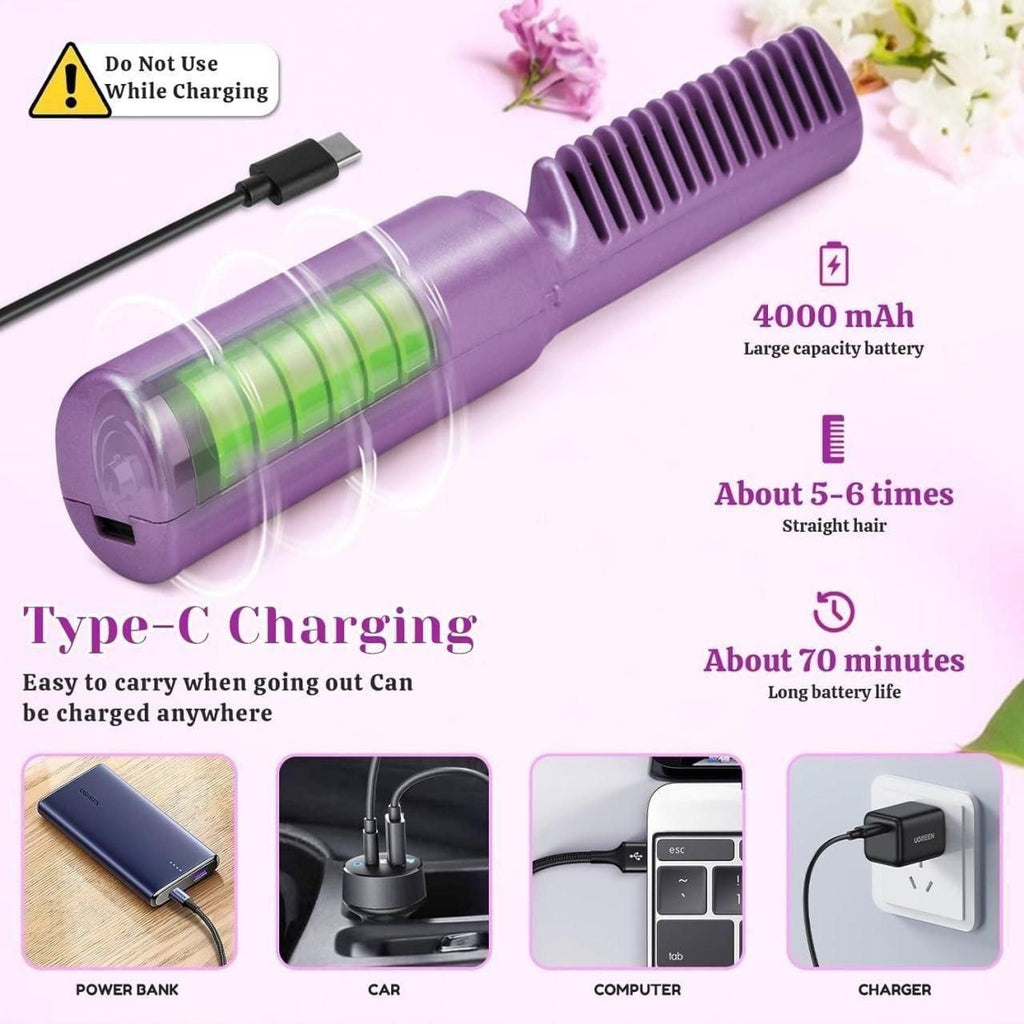 Portable Wireless Hair Straightener Comb for Men & Women | USB Rechargeable | Purple